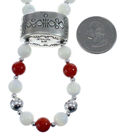 Coral And Mother of Pearl Navajo Sterling Silver Bead Necklace AX126060